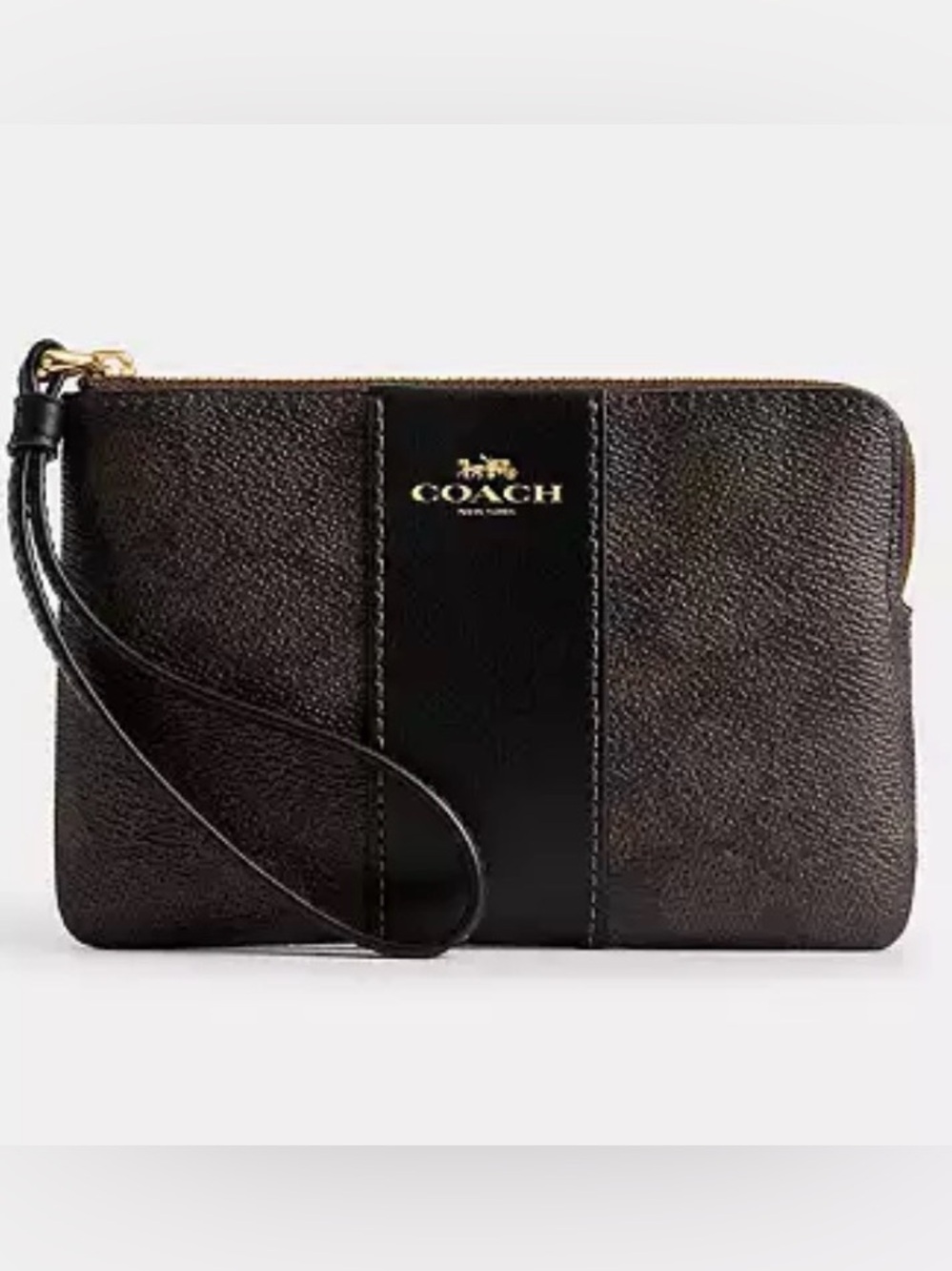 Coach Corner Zip Wristlet in Brown with Black Stripe